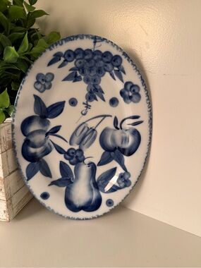 Nantucket Distributing Company 
Oval Plate Flow Blue White Fruit Pattern 9” VTG.